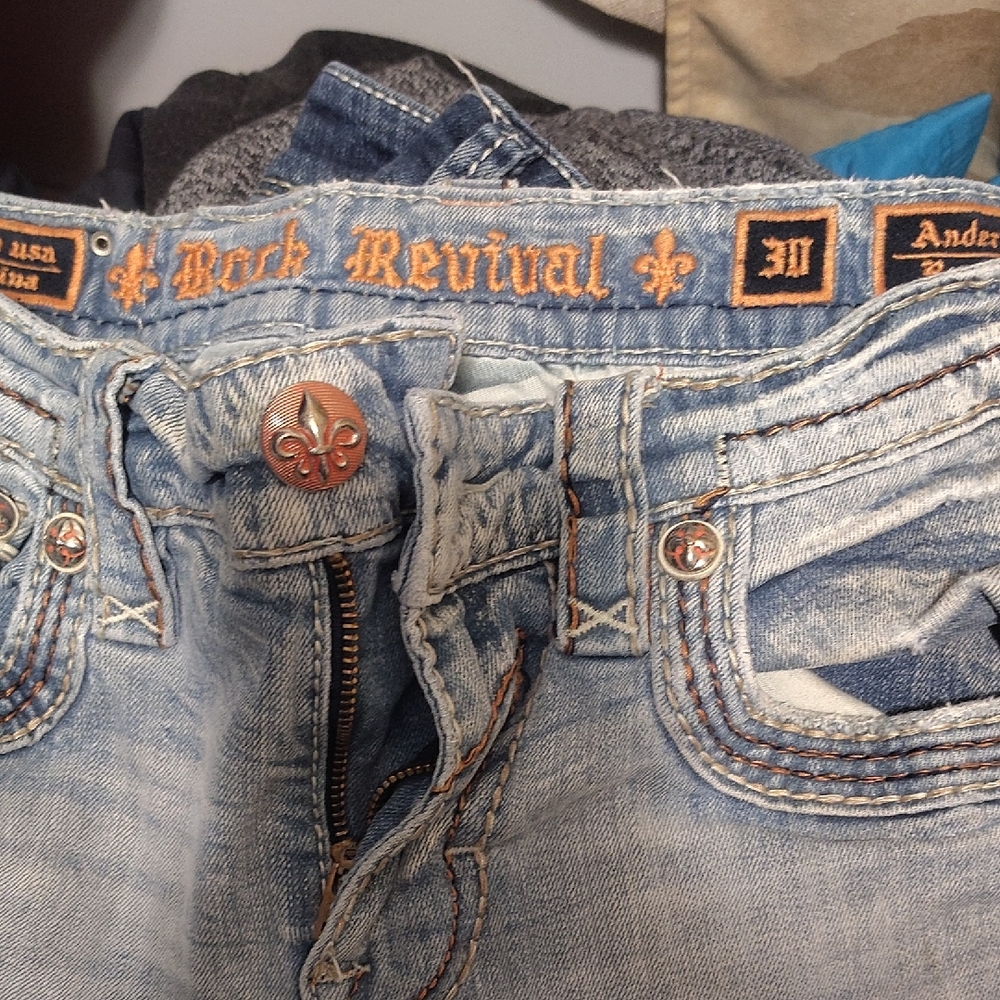 Rock Revival Faded Blue Denim with Orange Accents
